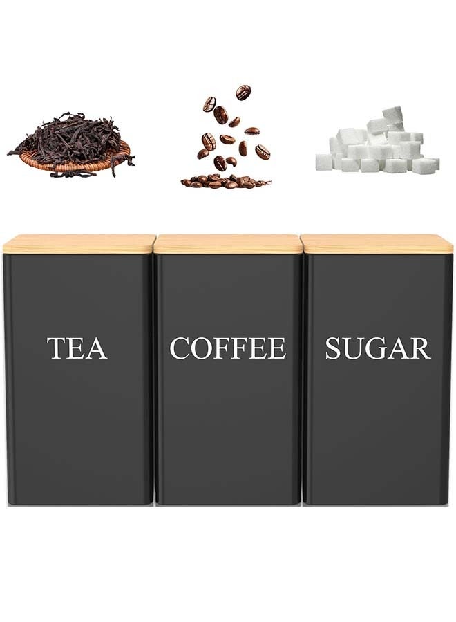 YIM-VIBEHAUS Set of 3 Tea Coffee Sugar Canisters, Kitchen Storage Jars with Bamboo Lid, Metal Storage Tin for Kitchen Containers & Storage 8.5x8.5x15cm Black - Image 1