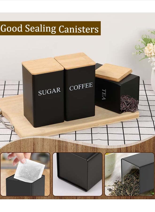 YIM-VIBEHAUS Set of 3 Tea Coffee Sugar Canisters, Kitchen Storage Jars with Bamboo Lid, Metal Storage Tin for Kitchen Containers & Storage 8.5x8.5x15cm Black - Image 3