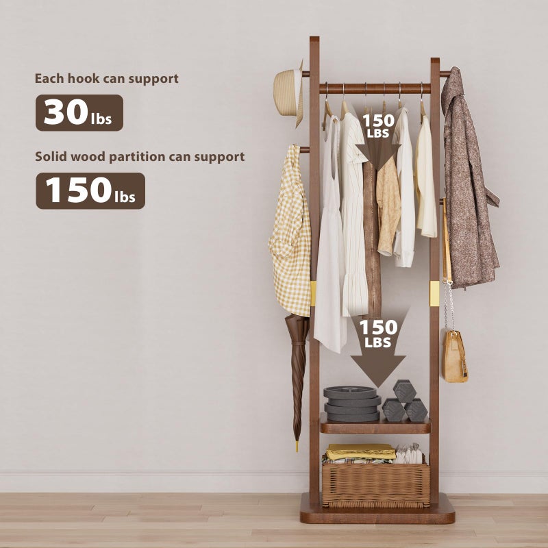 Taitiy Solid Wood Coat Rack, Freestanding Clothing Rack with 2 Shelves Storage & 5 Hooks, Heavy Duty Clothes Rack Stand for Hall, Bedroom, Living Room - Image 2