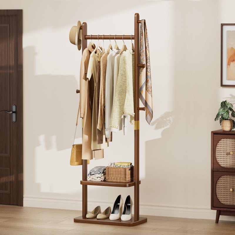 Taitiy Solid Wood Coat Rack, Freestanding Clothing Rack with 2 Shelves Storage & 5 Hooks, Heavy Duty Clothes Rack Stand for Hall, Bedroom, Living Room - Image 1