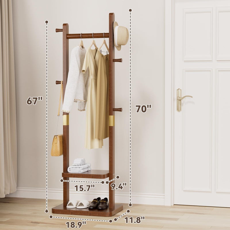 Taitiy Solid Wood Coat Rack, Freestanding Clothing Rack with 2 Shelves Storage & 5 Hooks, Heavy Duty Clothes Rack Stand for Hall, Bedroom, Living Room - Image 3