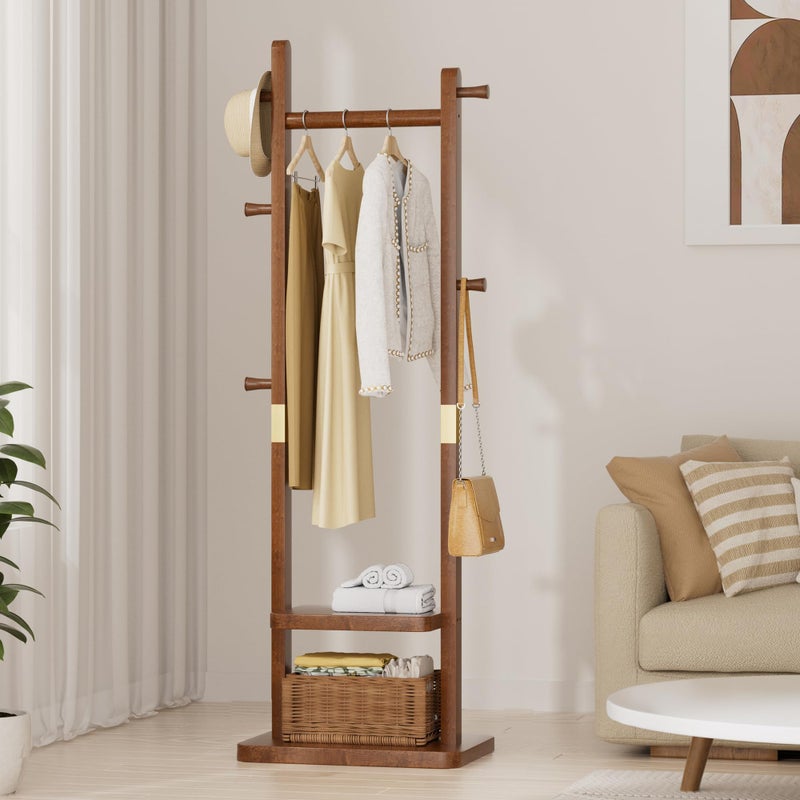 Taitiy Solid Wood Coat Rack, Freestanding Clothing Rack with 2 Shelves Storage & 5 Hooks, Heavy Duty Clothes Rack Stand for Hall, Bedroom, Living Room - Image 5