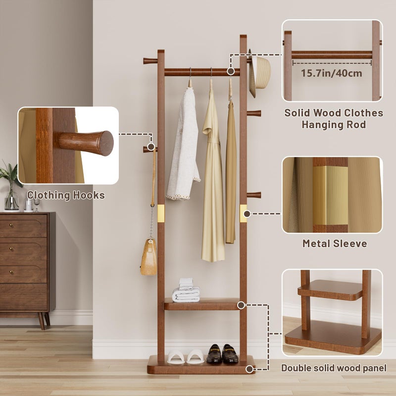 Taitiy Solid Wood Coat Rack, Freestanding Clothing Rack with 2 Shelves Storage & 5 Hooks, Heavy Duty Clothes Rack Stand for Hall, Bedroom, Living Room - Image 4