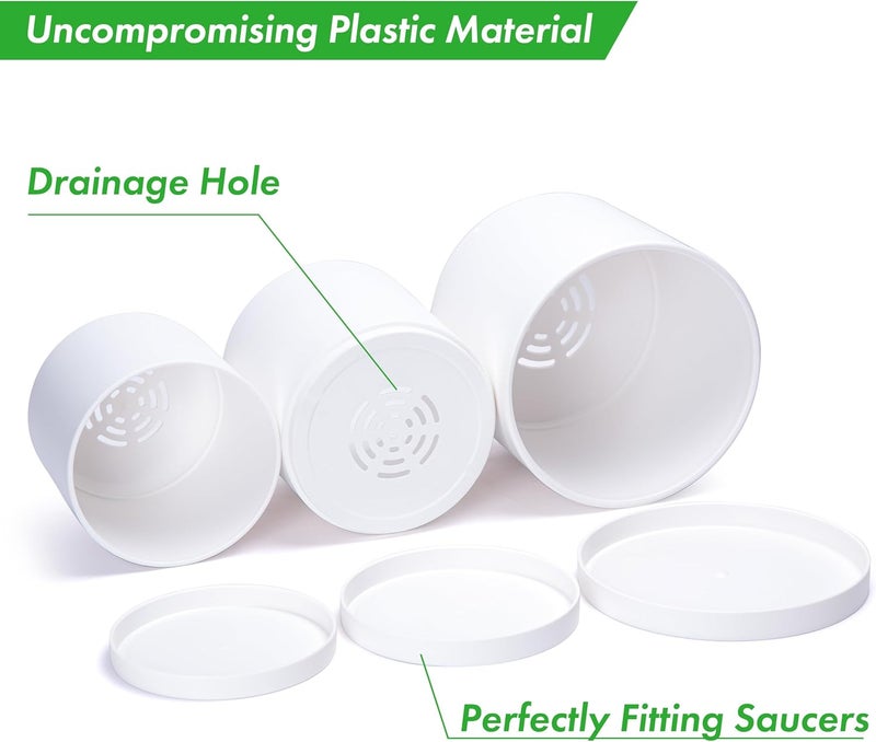 D'vine Dev 6 Inch 6.5 Inch 8 Inch, Set of 3 Plastic Planter Pots for Plants with Drainage Hole and Seamless Saucers, White Color, Medium, 74-V-A-3 - Image 4