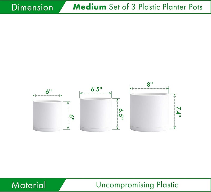 D'vine Dev 6 Inch 6.5 Inch 8 Inch, Set of 3 Plastic Planter Pots for Plants with Drainage Hole and Seamless Saucers, White Color, Medium, 74-V-A-3 - Image 2