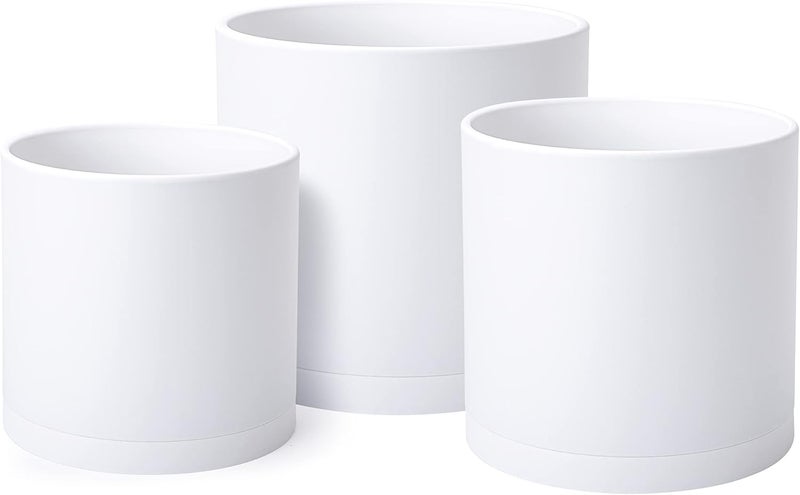 D'vine Dev 6 Inch 6.5 Inch 8 Inch, Set of 3 Plastic Planter Pots for Plants with Drainage Hole and Seamless Saucers, White Color, Medium, 74-V-A-3 - Image 1