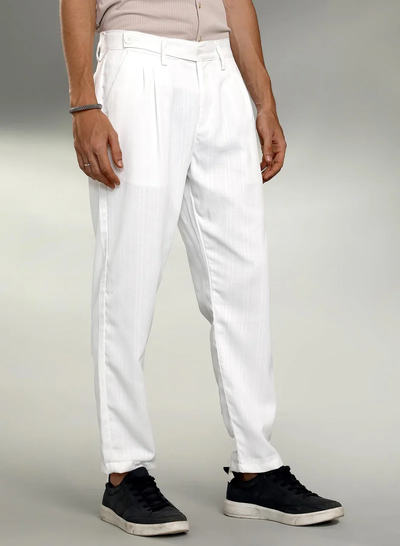 Campus Sutra Campus Sutra Men's Cream White Pleated Tailored Trousers For Casual Wear | Mid-Rise | 3 Pockets | Button Closure | Trousers Crafted With Comfort Fit For Everyday Wear
