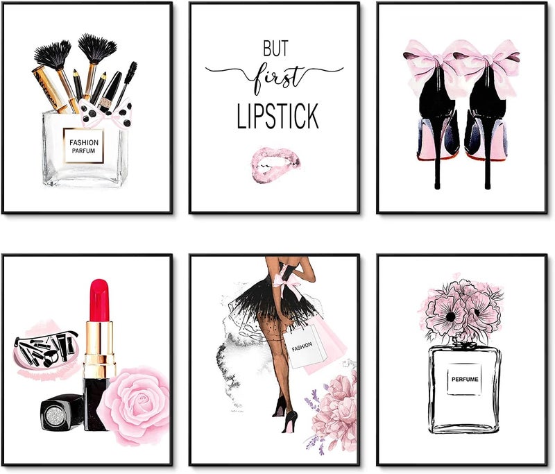 HoozGee Fashion Wall Art Prints Set of 6 Pink Makeup Perfume Lipstick Artwork Pictures Canvas Posters Girls Room Decor for Bedroom (8"x10" UNFRAMED) - Image 1