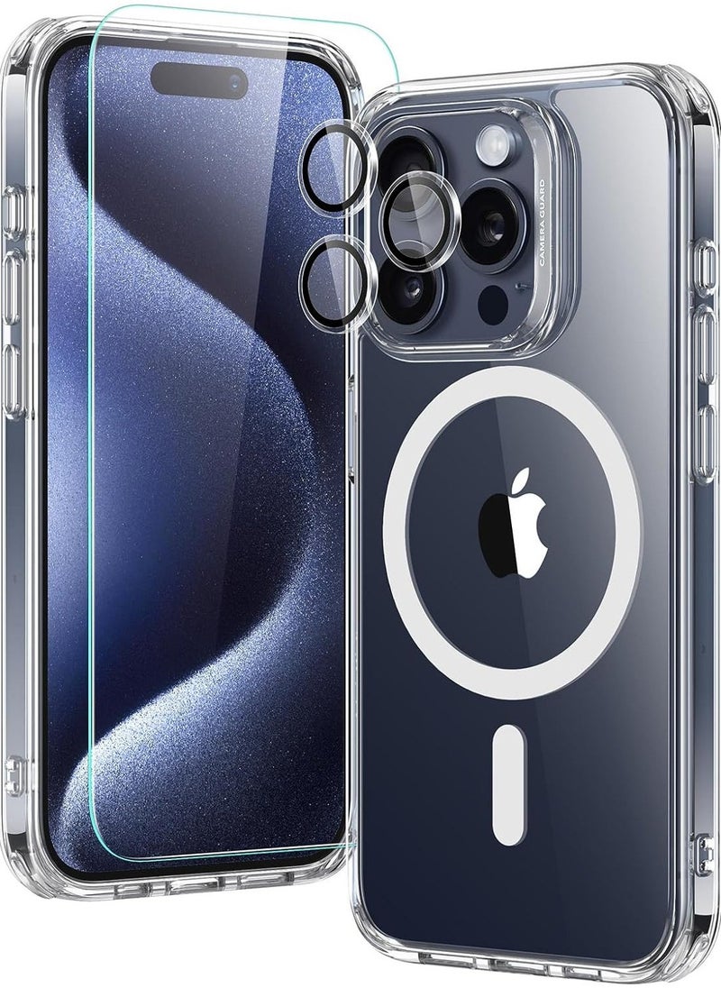 vesus iPhone 15 Pro Max Case Set, Compatible with MagSafe, 1 Tempered-Glass Screen Protector, 1 Set of Camera Lens Protectors, Yellowing and Scratch Resistant, Classic Series, Clear - Image 1