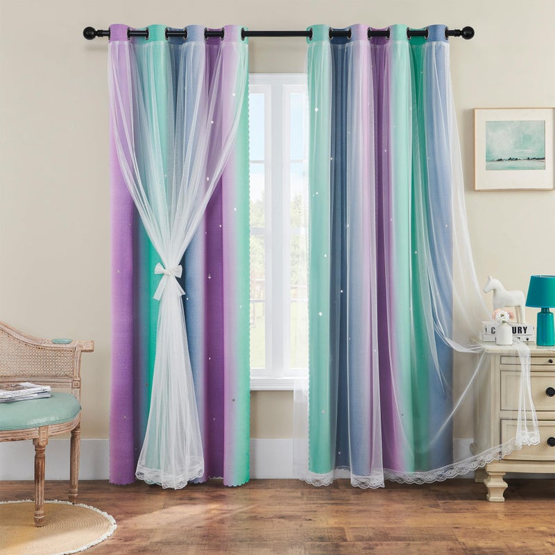 XiDi Purple Grey Green Curtains for Girls Bedroom 2 Panels Set Rainbow Blackout Curtains for Kids Room Decor Unicorn Wall Decals Grommet Drapes for Nursery Room 63 Inches Long 34 Inches Wide - Image 2
