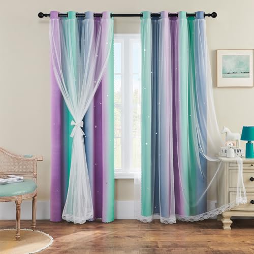 XiDi Purple Grey Green Curtains for Girls Bedroom 2 Panels Set Rainbow Blackout Curtains for Kids Room Decor Unicorn Wall Decals Grommet Drapes for Nursery Room 63 Inches Long 34 Inches Wide - Image 1