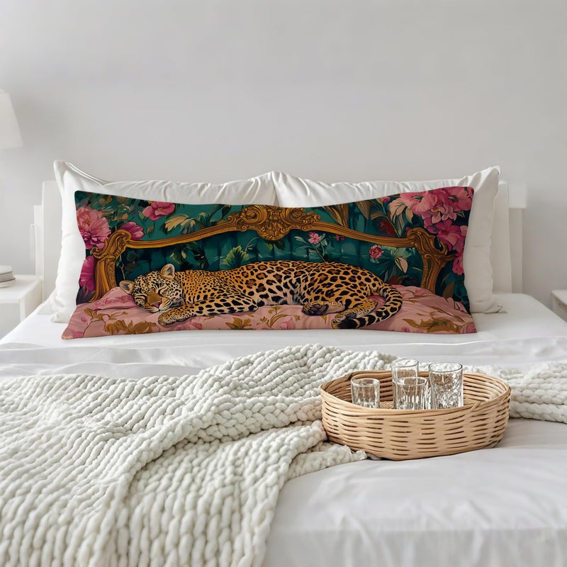 Piud Vintage Leopard Floral 20X54 Body Pillow Cover  Cheetah Room Decor  Trendy Retro Sleepy Leopard Pink Flowers Decorative Long Body Pillow Cases For Bed Couch - Image 3