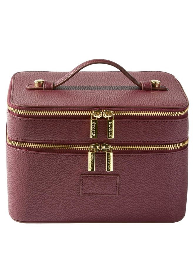 ETOILE Duo Vanity Case Burgundy - Large Functional Travel Makeup Bag Organizer with Removable Divider & Mirror - Image 1