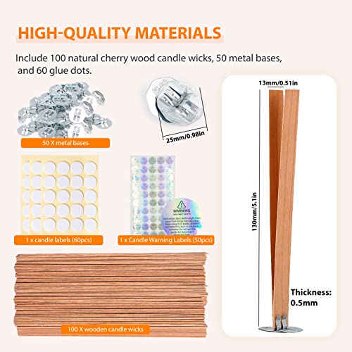 Ziosxin 100 Pcs Smokeless Cherry Wood Candle Wicks, Long Lasting Flame, Easily Burn, Candle Cores with Stand and Glue Dot, Warning Label for DIY Candle Making - Image 2