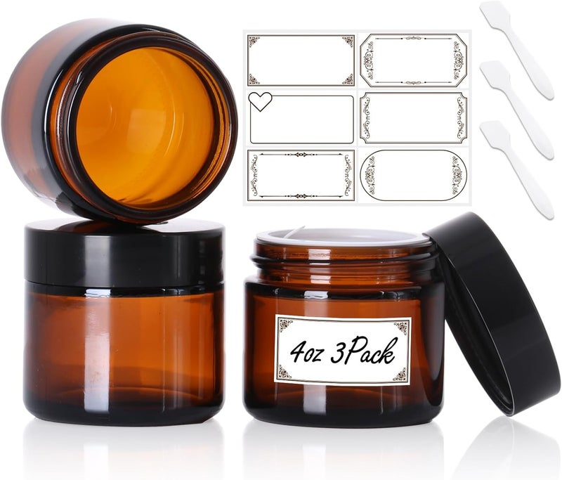 3 Pack 4 oz Amber Glass Jars with lids, Cosmetic Jars with Inner Liners and Black Lids, Lotion Jars, Candle Making Jars for Lotions, Scrubs and Cosmetic, Lables and Spatulas Include