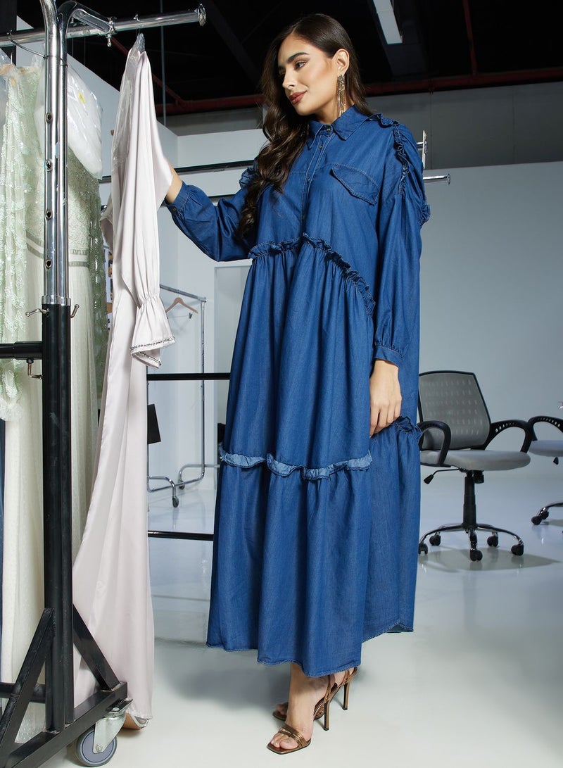 Desert Cove Denim Ruffled Midi Dress - Image 1