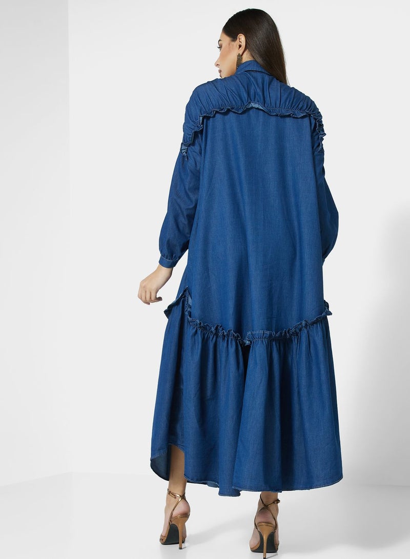 Desert Cove Denim Ruffled Midi Dress - Image 3