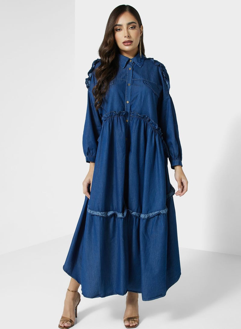 Desert Cove Denim Ruffled Midi Dress - Image 5