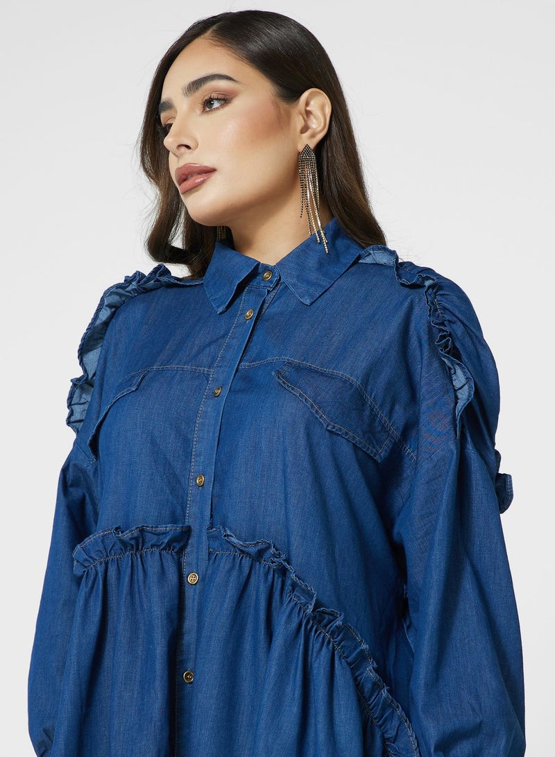 Desert Cove Denim Ruffled Midi Dress - Image 4