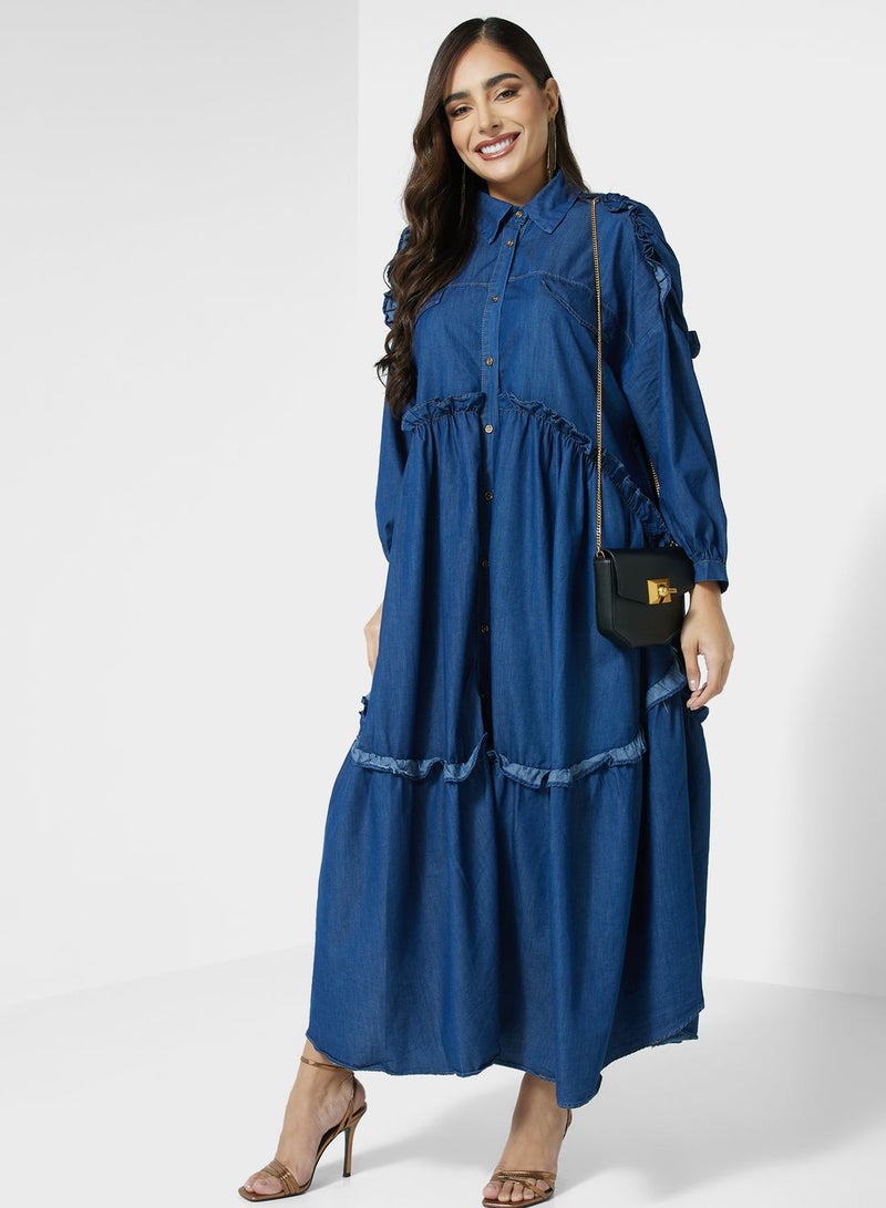 Desert Cove Denim Ruffled Midi Dress - Image 2