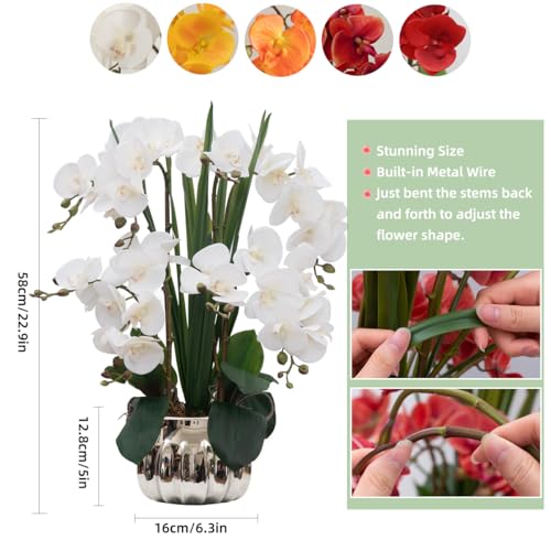 CXGS Artificial Orchid Flower Real Touch Faux Orchids in Ceramic Vase Large 22.9'' Fake Flowers White Phalaenopsis Floral for Home Indoor Decor - Image 2