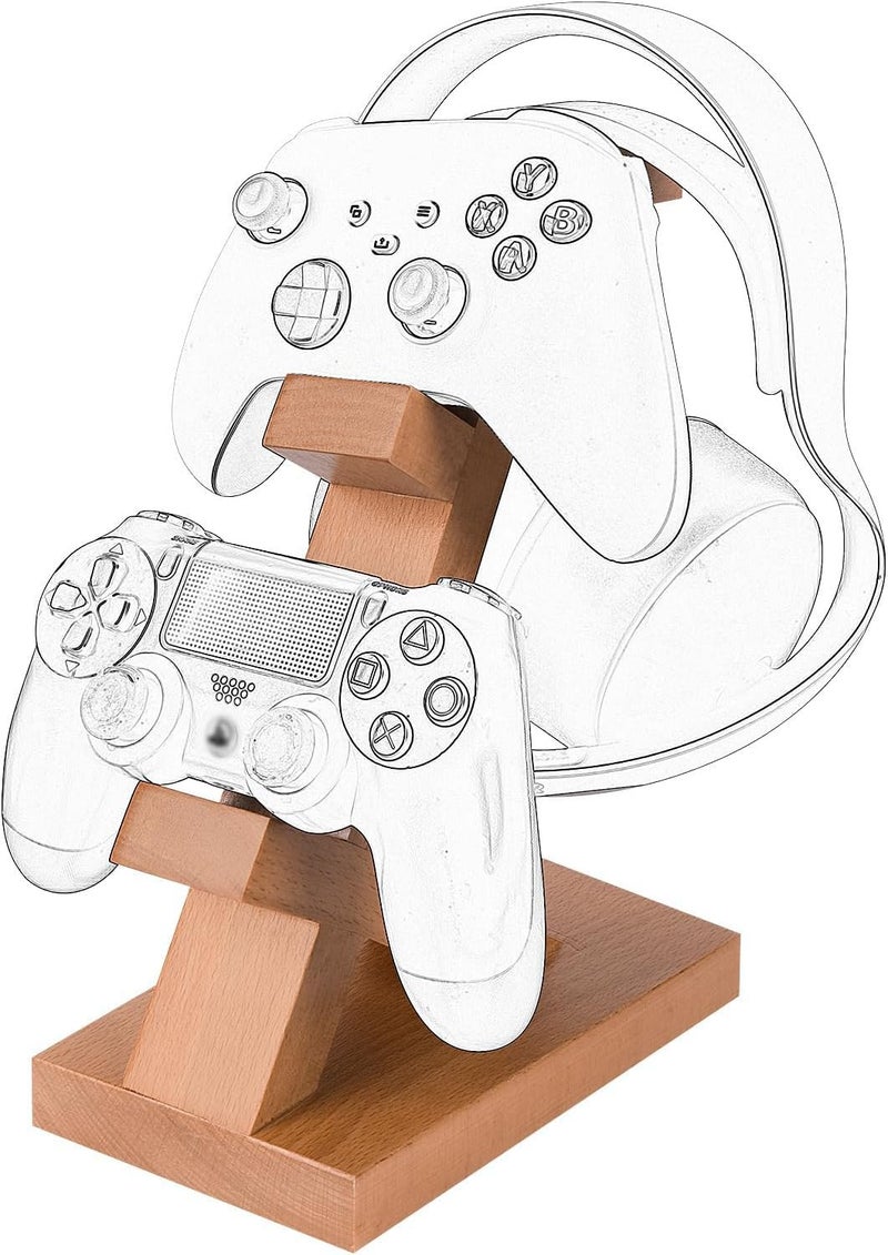 Azonee Solid Wood Dual Gamepad Controller and Headphone Stand, Universal Storage Holder for PS4 / PS5 / Xbox/Switch / 8BitDo, Light Brown, Controller and Headset Display Stand for Gaming Desk - Image 1