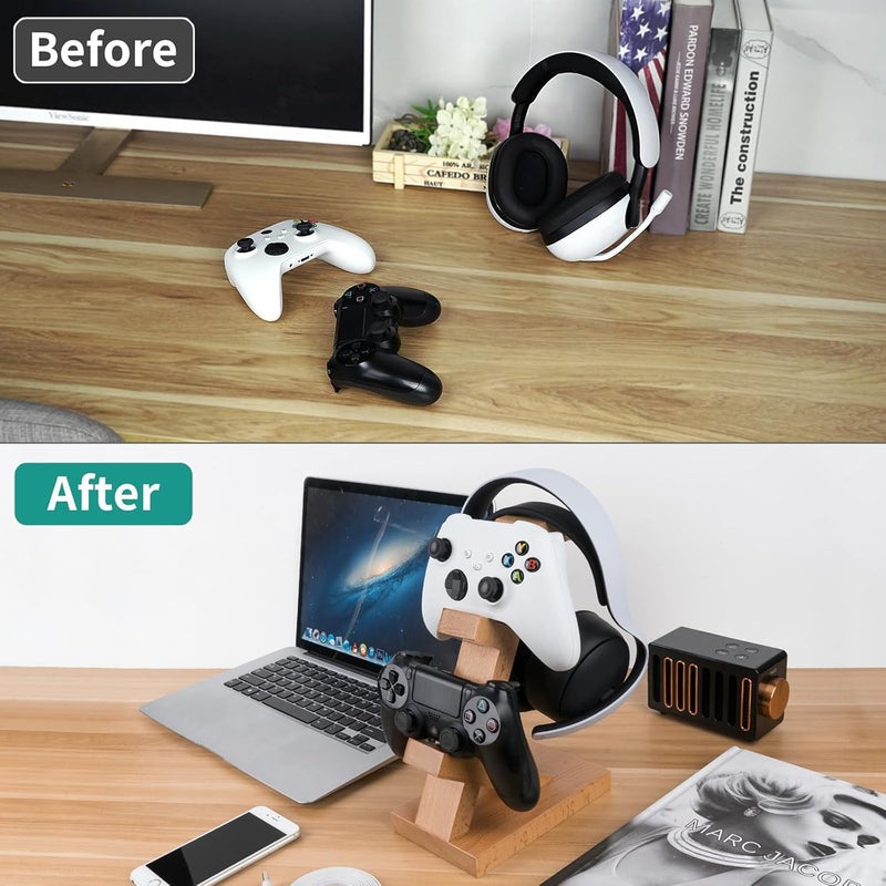 Azonee Solid Wood Dual Gamepad Controller and Headphone Stand, Universal Storage Holder for PS4 / PS5 / Xbox/Switch / 8BitDo, Light Brown, Controller and Headset Display Stand for Gaming Desk - Image 3