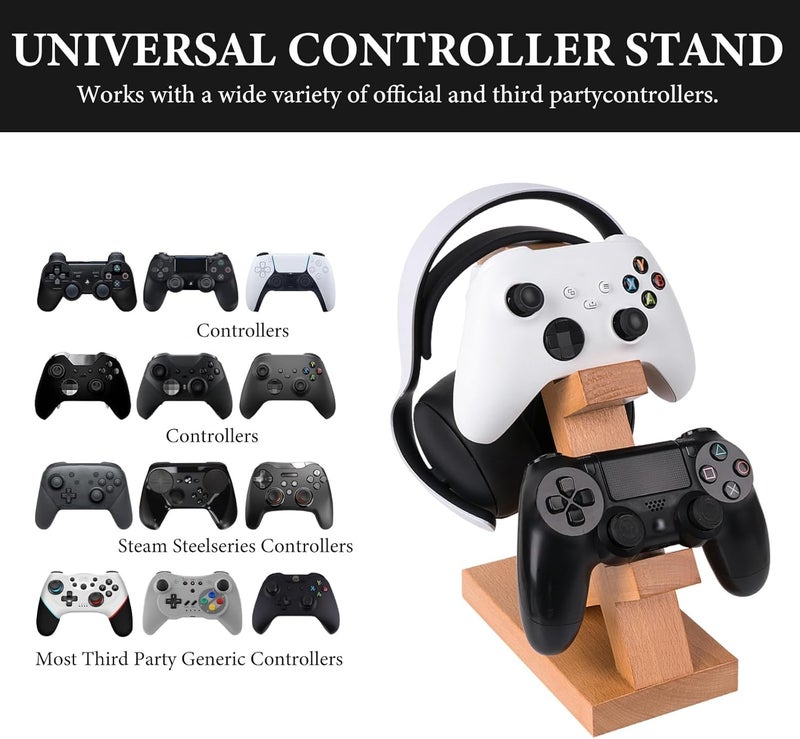 Azonee Solid Wood Dual Gamepad Controller and Headphone Stand, Universal Storage Holder for PS4 / PS5 / Xbox/Switch / 8BitDo, Light Brown, Controller and Headset Display Stand for Gaming Desk - Image 5