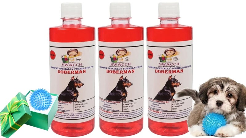 swacch Shampoo | Puppy Safe Shampoo | PH Balanced | Ditch to Itch for Doberman Dog Shampoo 500ml Pack of 3 (Strawberry) + Spike Ball Chew Toy Combo Pack - Image 1