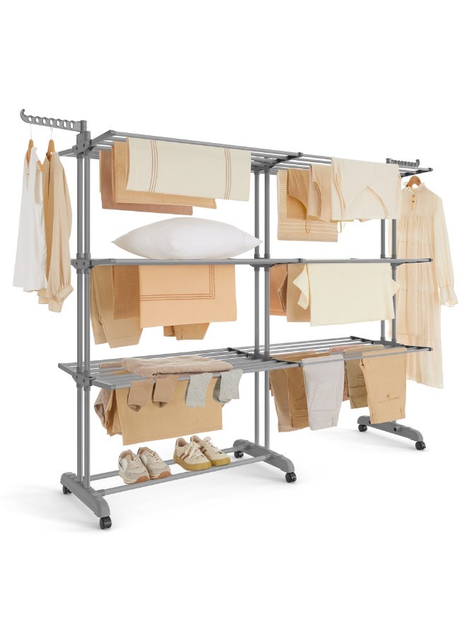 سونمجز منشر غسيل قابل للطي، 4 طبقات، ارتفاع 69.9 بوصة، قضبان قابلة للتمديد، مصنوع من الفولاذ المقاوم للصدأ، حامل ملابس دوار، منشر ملابس، للاستخدام الداخلي والخارجي، لون رمادي فاتح - Image 1