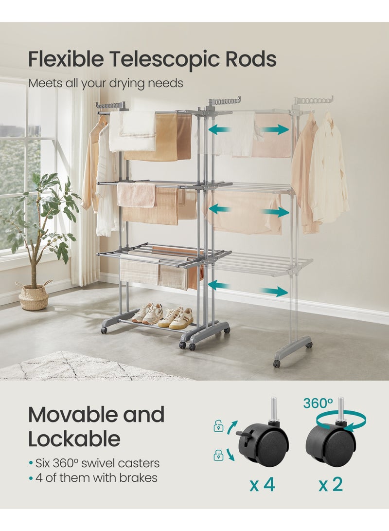 سونمجز منشر غسيل قابل للطي، 4 طبقات، ارتفاع 69.9 بوصة، قضبان قابلة للتمديد، مصنوع من الفولاذ المقاوم للصدأ، حامل ملابس دوار، منشر ملابس، للاستخدام الداخلي والخارجي، لون رمادي فاتح - Image 3