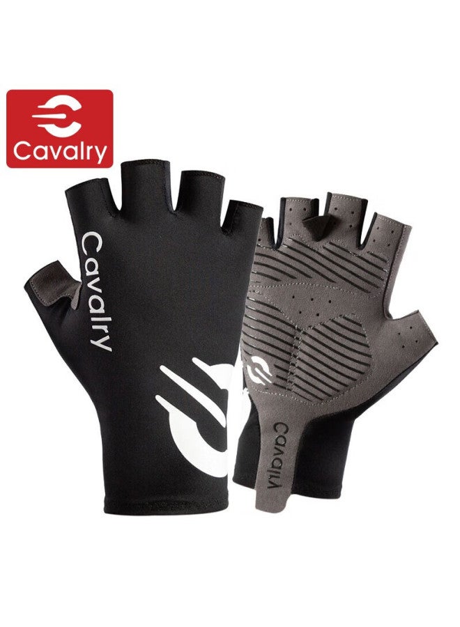 CAVALRY قفازات الدراجات الفرسان، بنصف الأصابع، للدراجات الجبلية والطرق، ممتصة للصدمات، للرجال والنساء، للربيع والصيف، قفازات اللياقة البدنية الرياضية في الهواء الطلق، معدات ركوب الدراجات، اللون الأسود، المقاس L - Image 1
