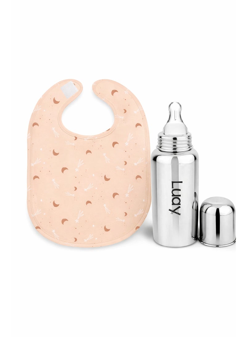 لؤي **زجاجة رضاعة من الستانلس ستيل مع حلمة سيليكون ومجموعة مريلة قطنية ناعمة مقاومة للماء بلون الخوخي لحديثي الولادة** 👶🍼 - Image 1