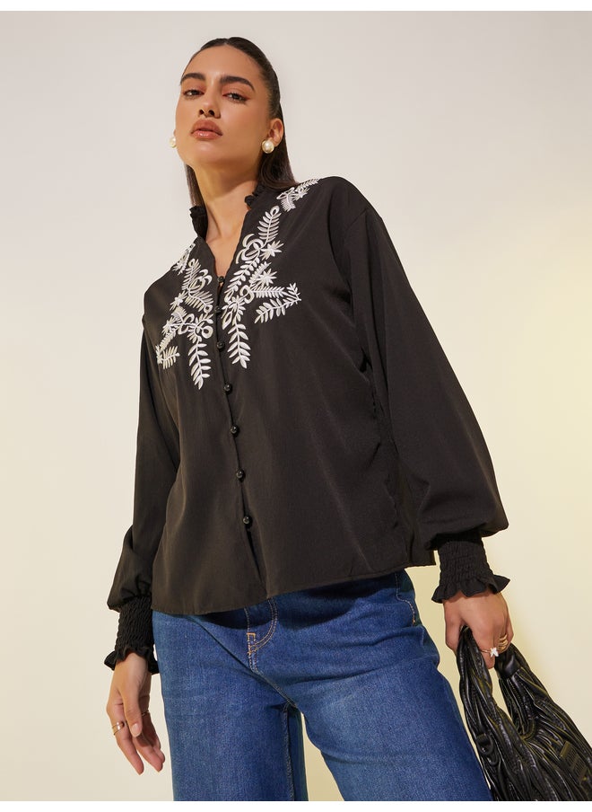 Take Two Take Two Embroidered Smocked Cuff Oversized Shirt  - Image 2