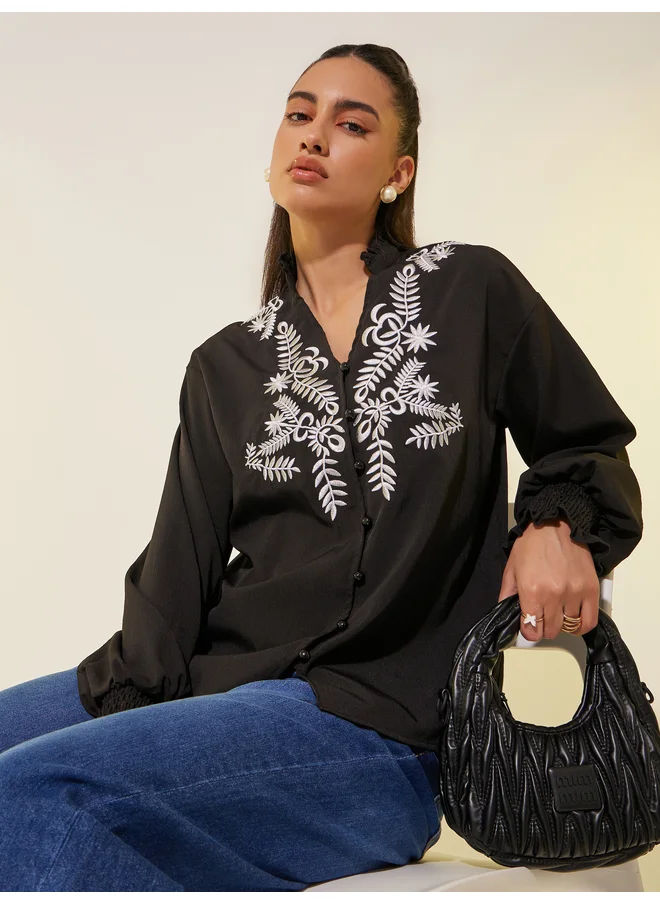 Take Two Take Two Embroidered Smocked Cuff Oversized Shirt