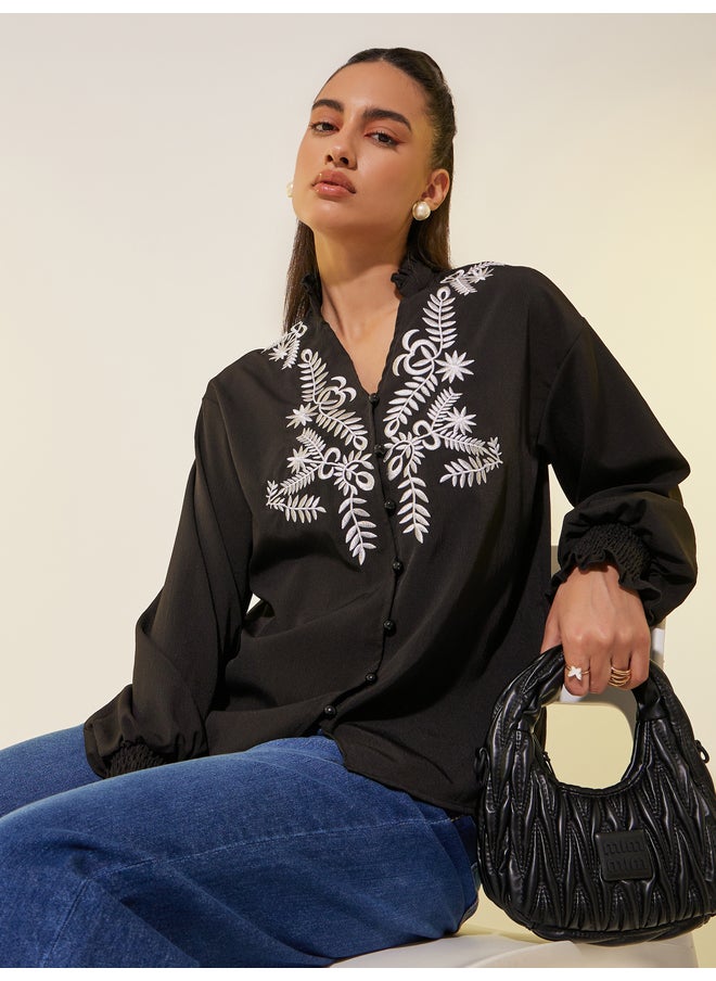 Take Two Take Two Embroidered Smocked Cuff Oversized Shirt  - Image 1