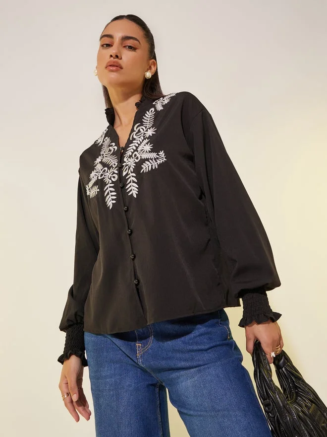 Take Two Take Two Embroidered Smocked Cuff Oversized Shirt
