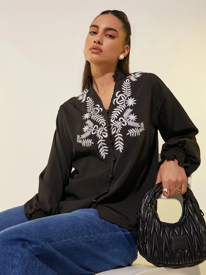 Take Two Take Two Embroidered Smocked Cuff Oversized Shirt