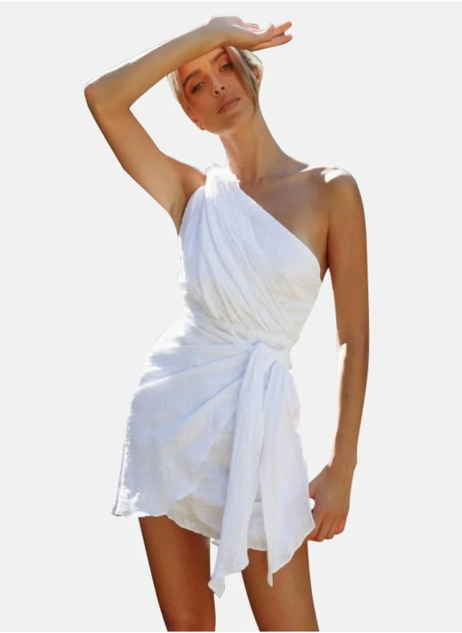 YUNIQEE White One Shoulder Tie-Ups Detail Cotton Fit and Flare Mini Dress