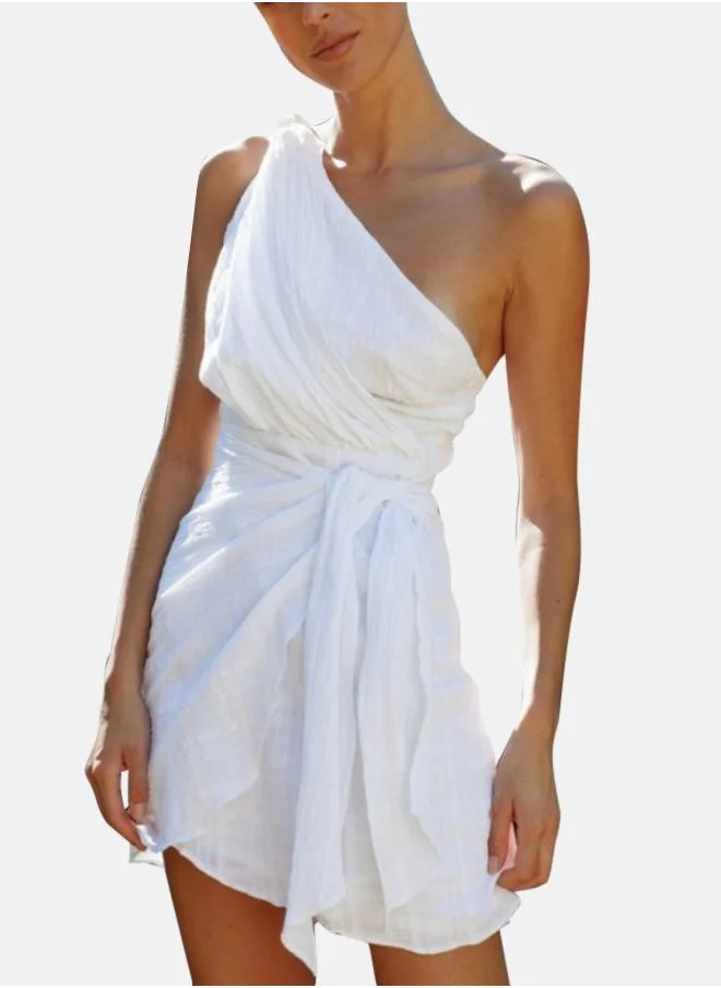 YUNIQEE White One Shoulder Tie-Ups Detail Cotton Fit and Flare Mini Dress