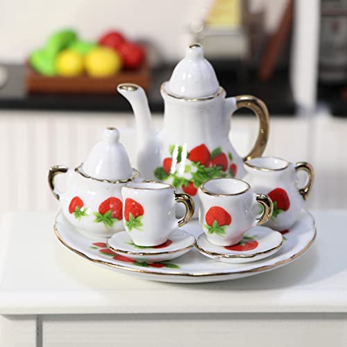 Cutemini 16 Scale Miniature Porcelain Dollhouse Tea Set 8PCS Flower Pattern Teapot Platter Dish Sets Dollhouse Kitchen Supplies Decoration Strawberry - Image 5