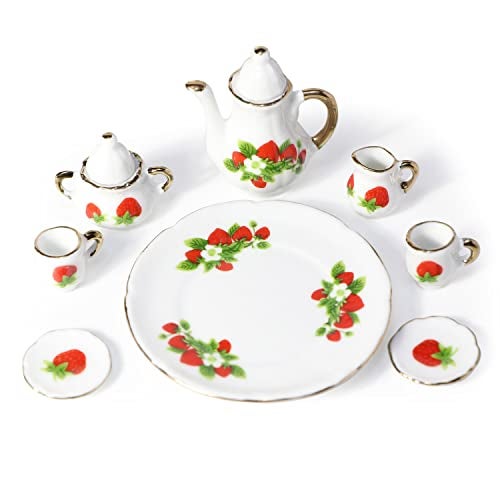Cutemini 16 Scale Miniature Porcelain Dollhouse Tea Set 8PCS Flower Pattern Teapot Platter Dish Sets Dollhouse Kitchen Supplies Decoration Strawberry - Image 1