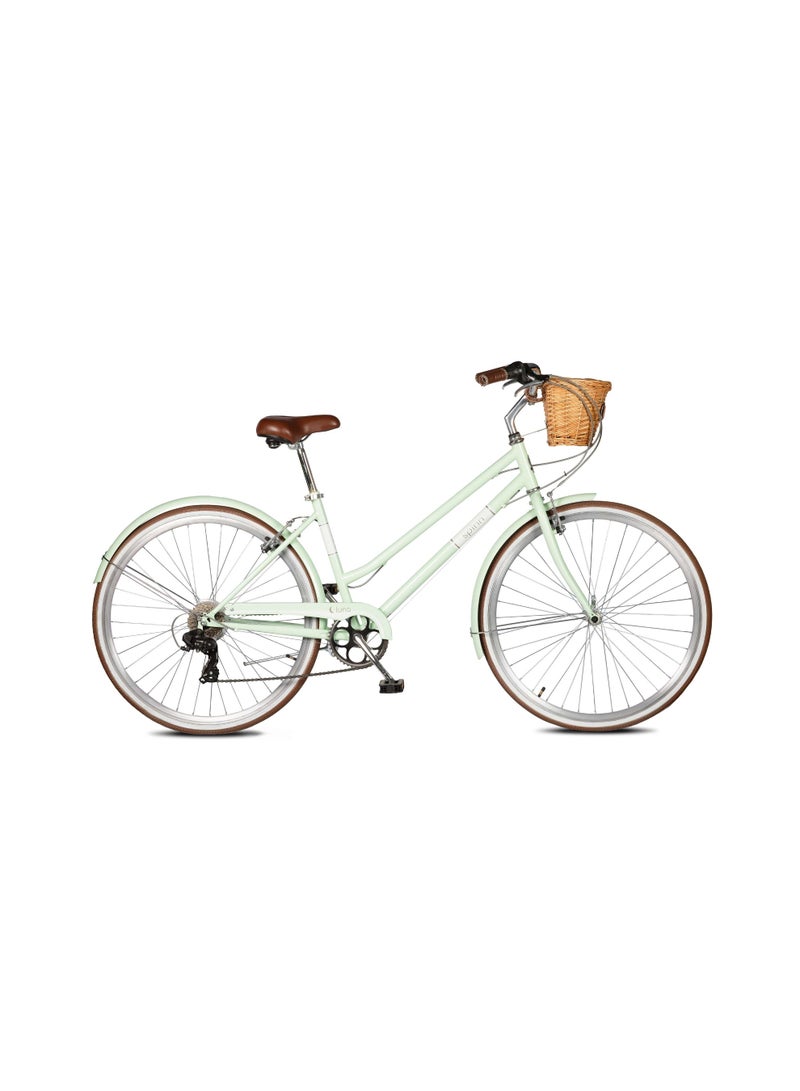 Spinn Luna Women's 28-Inch City Bike | 28 Inch Wheel Size | 7-Speed Shimano | Steel Frame | Front Basket | Adjustable Seat | Green - Image 1