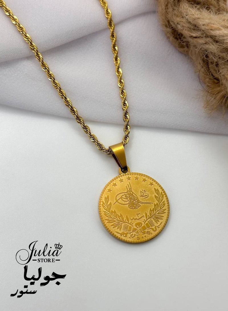 Julia Store 18K Gold Plated Stainless Steel Trendy Vintage Antique Arab Muslim Turkish Ottoman Medallion Totem Gold Coin Dainty Women's Twisted Necklace Jewelry Gift - Image 1