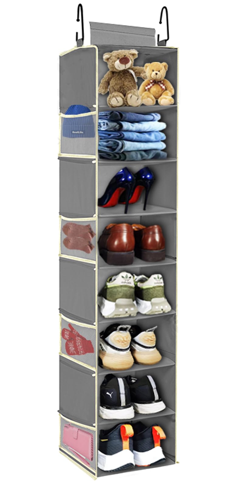 roomtalk Large-Sized Hanging Shoe Organizer 8-Shelf, Hanging Closet Organizer with 8 Side Pockets, Wider Hanging Shelves for Storage Shoes Clothes 9" W Ã— 11.8" DÃ— 48" H, Grey - Image 1