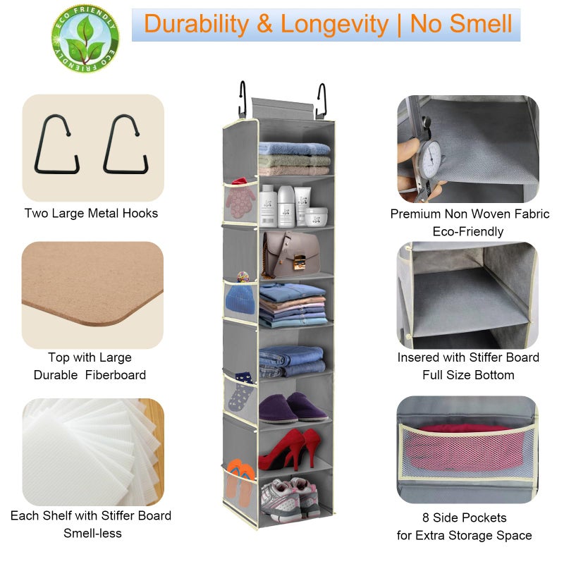 roomtalk Large-Sized Hanging Shoe Organizer 8-Shelf, Hanging Closet Organizer with 8 Side Pockets, Wider Hanging Shelves for Storage Shoes Clothes 9" W Ã— 11.8" DÃ— 48" H, Grey - Image 5