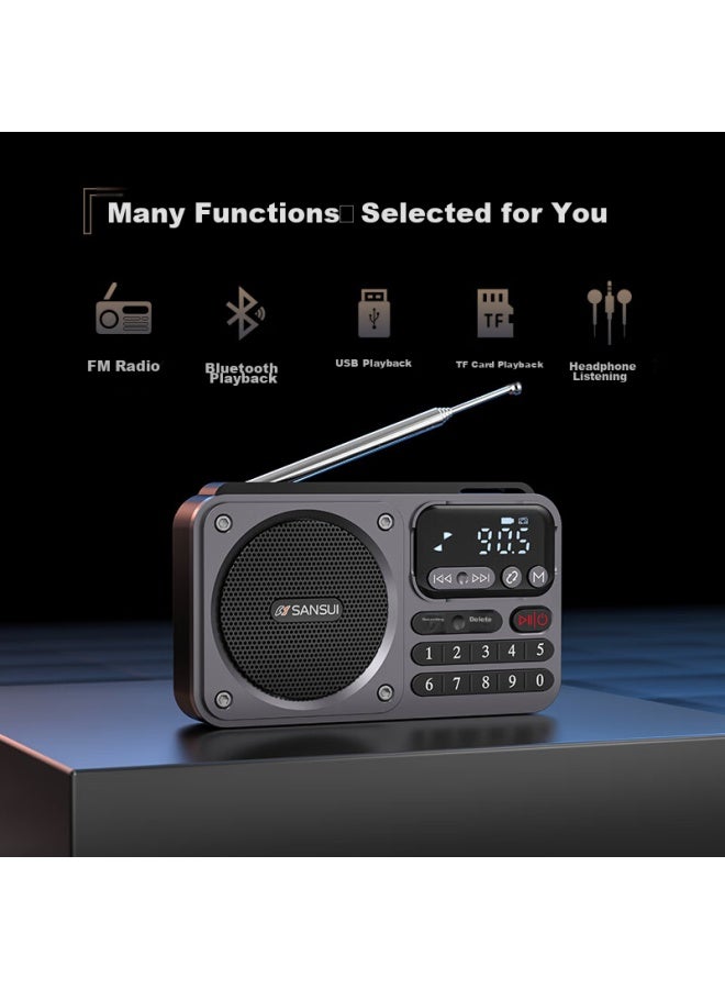 Sansui راديو M30 لكبار السن، قابل لإعادة الشحن، قابل لإدخال بطاقة، مكبر صوت صغير، محمول، ضبط FM، راديو بث، مكبر صوت بلوتوث، مشغل موسيقى، رمادي - Image 3