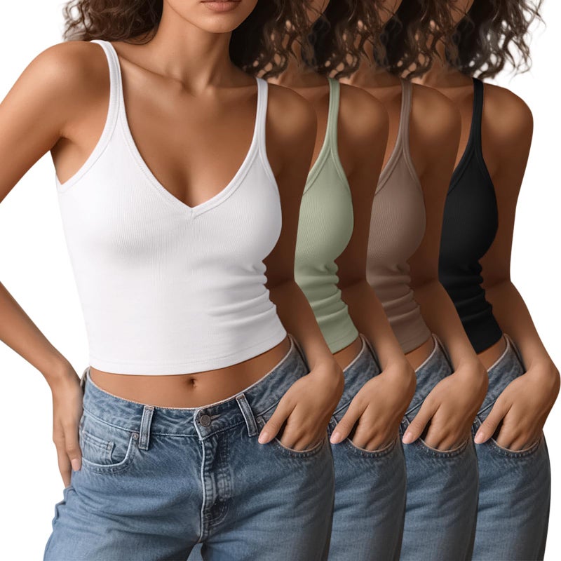 eQFeast 4 Pieces V Neck Tank Tops for Women Spaghetti Strap Crop Top Cotton Basic Fitted Summer Cami Shirts - Image 1