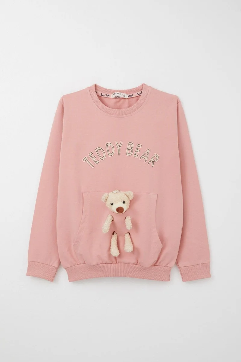 بريز Girls Tracksuit Set with Teddy Bear Accessory and Text Embroidery, 5-9 Years Old, Dusty Rose