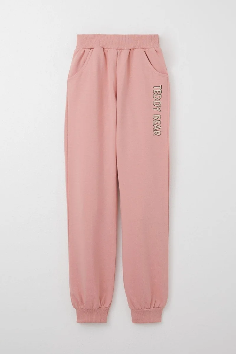 بريز Girls Tracksuit Set with Teddy Bear Accessory and Text Embroidery, 5-9 Years Old, Dusty Rose
